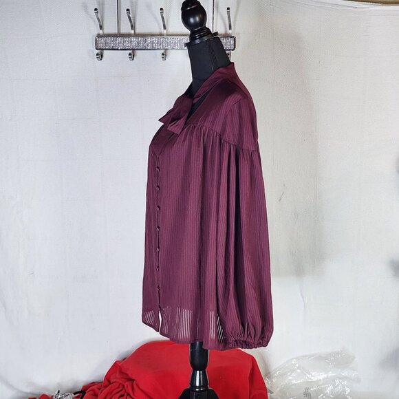 Time & Tru Metropolis Burgundy LS Tie Neck Poly Relaxed Fit Button Up Top Sz XXL - Picture 9 of 16